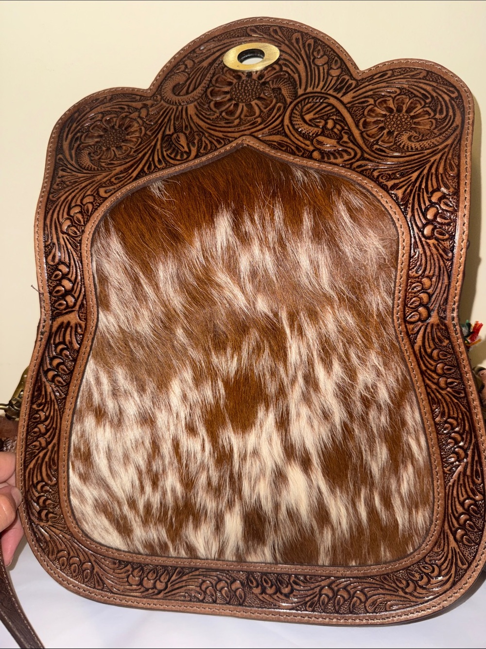 Hand-Tooled Brown Leather & Hair-on Hide Crossbody Bag, new - Picture 9 of 9